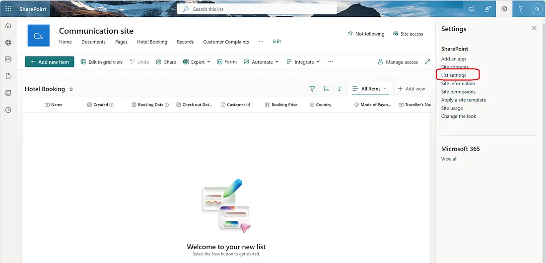 A SharePoint list page showing the list setting button at the right side of the screen 