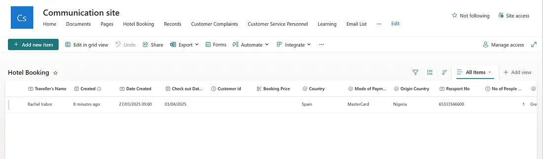 The SharePoint list showing the updated Created Column